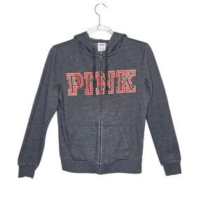 PINK VS Gray/Red Plaid Graphic Full Zip Hooded Jacket Womens SZ XS Fleece Lined